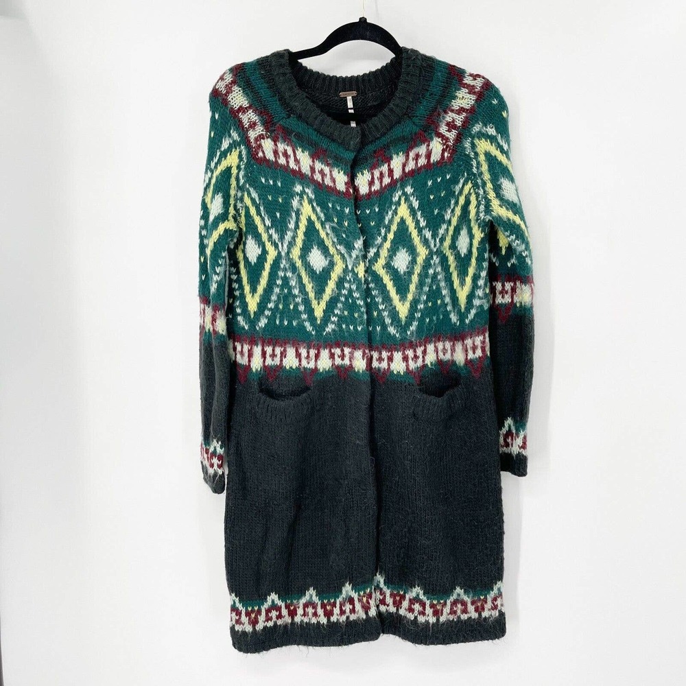 Free People Frosted Fair Isle Longline Sweater XS Green Mohair Wool Pockets Snap